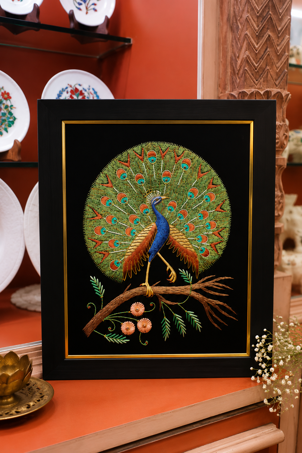 Handcrafted Peacock Embroidered Wall Art Frame