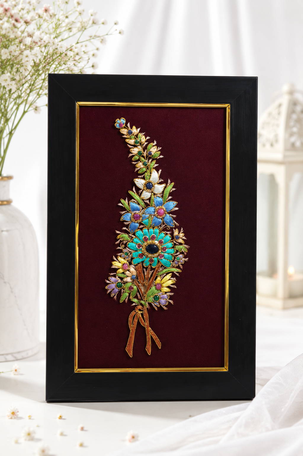 Handcrafted Floral Gemstone Wall Art Frame