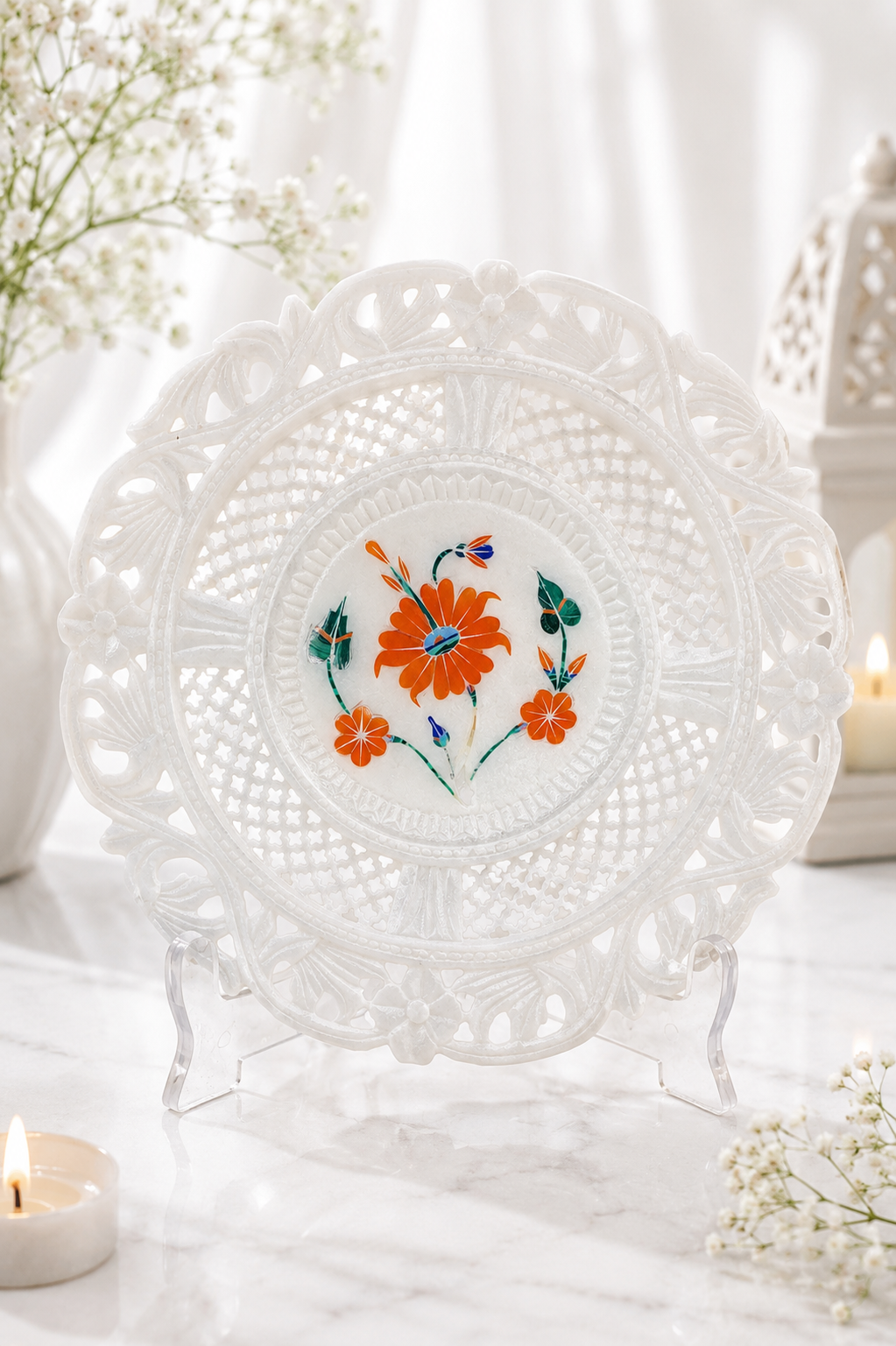 Handcrafted Floral Marble Decorative Plate