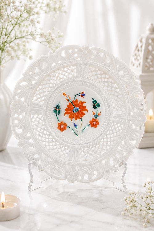 Handcrafted Floral Marble Decorative Plate