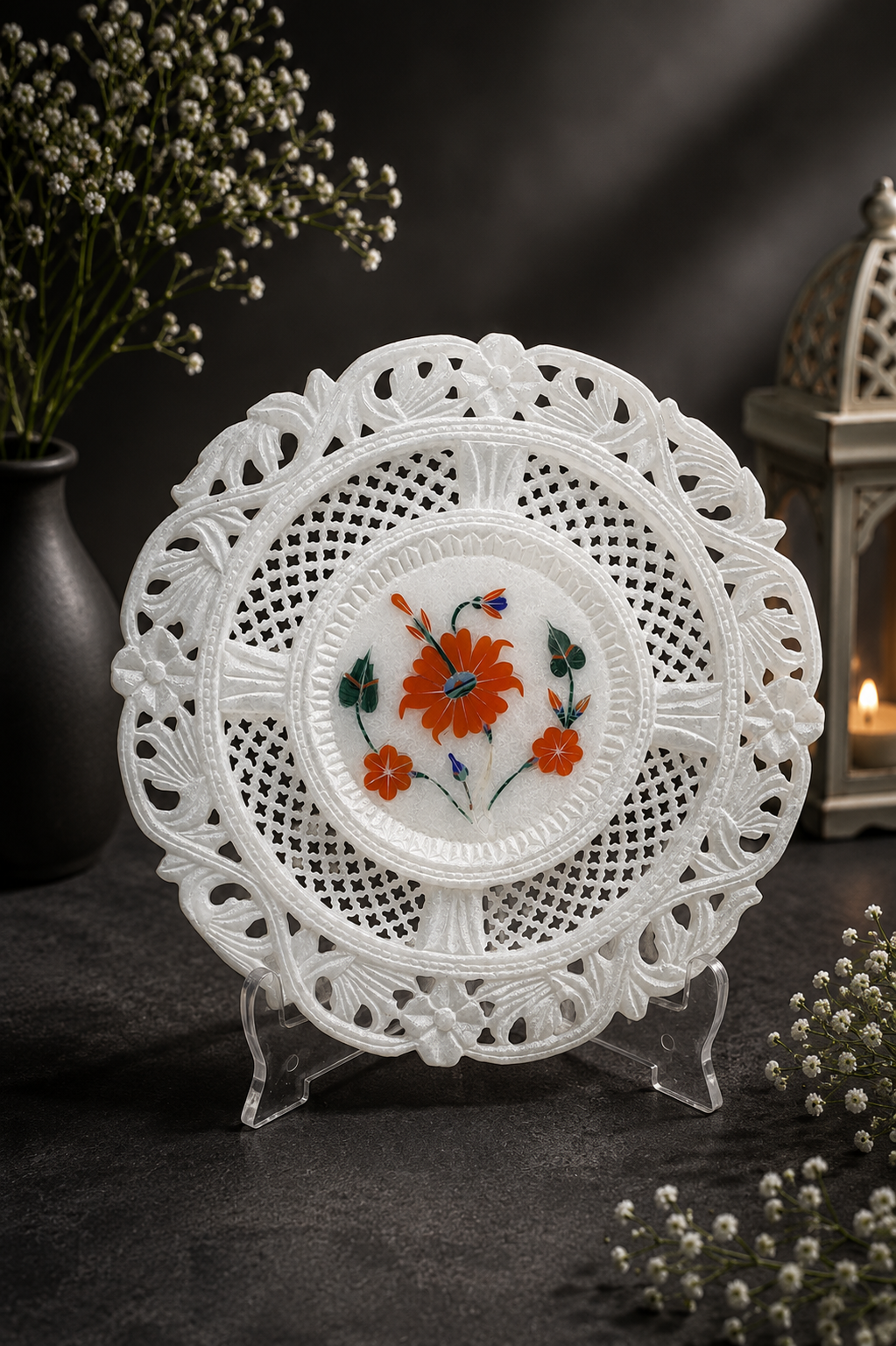 Handcrafted Floral Marble Decorative Plate