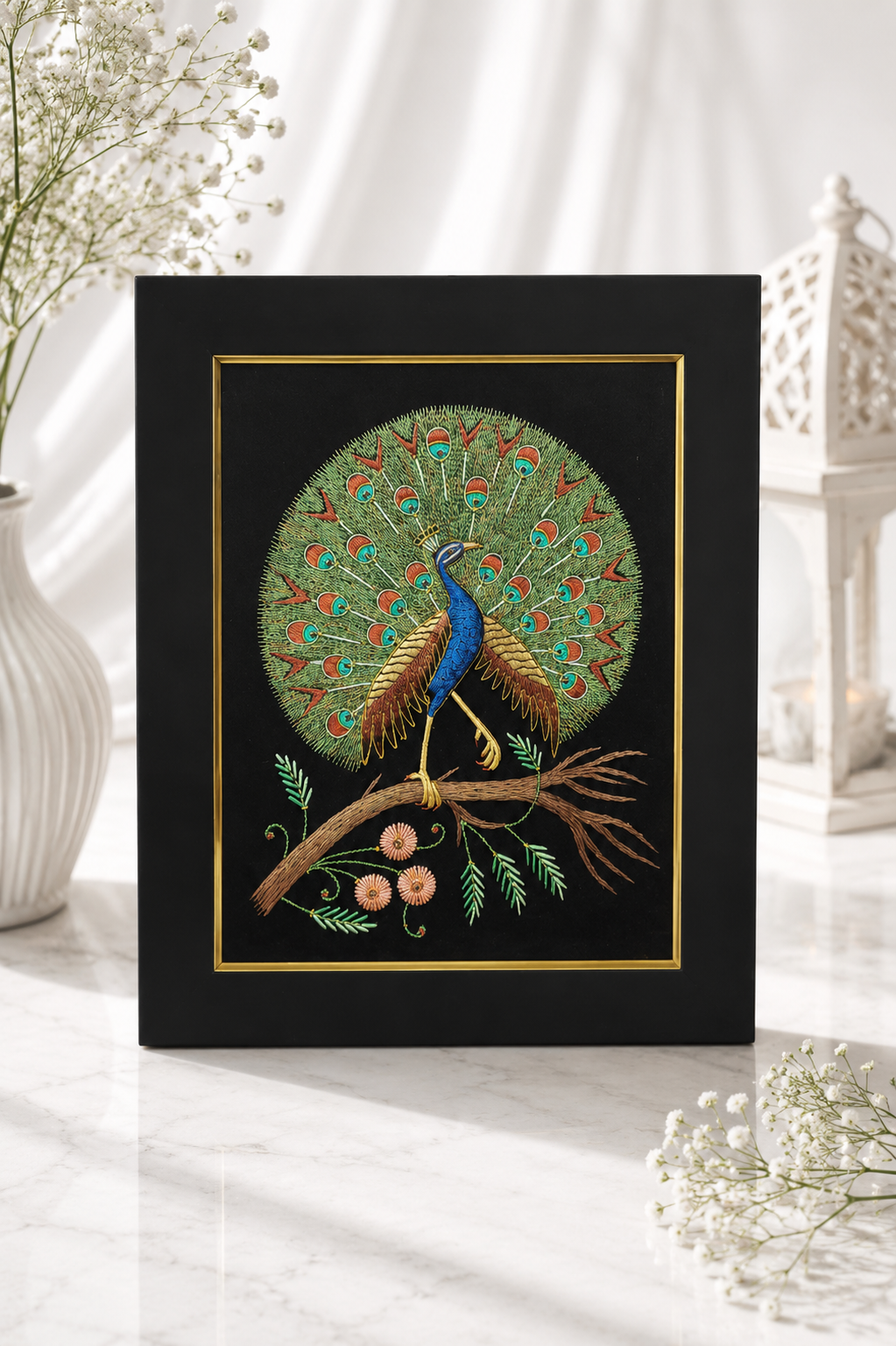 Handcrafted Peacock Embroidered Wall Art Frame