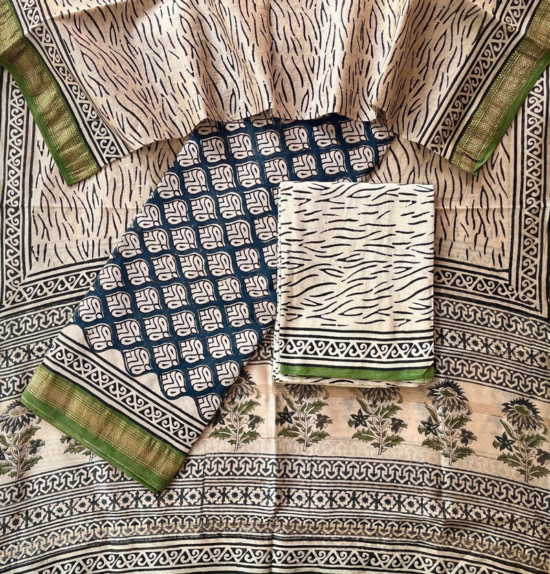 Indigo Traditional Printed Cotton Saree