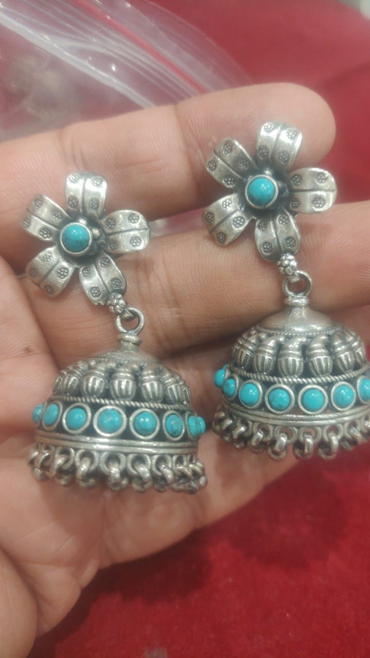 Oxidised Turquoise Jhumka Earrings