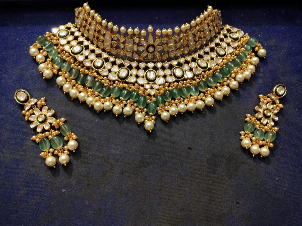 Emerald Pearl Kundan Choker Necklace Set