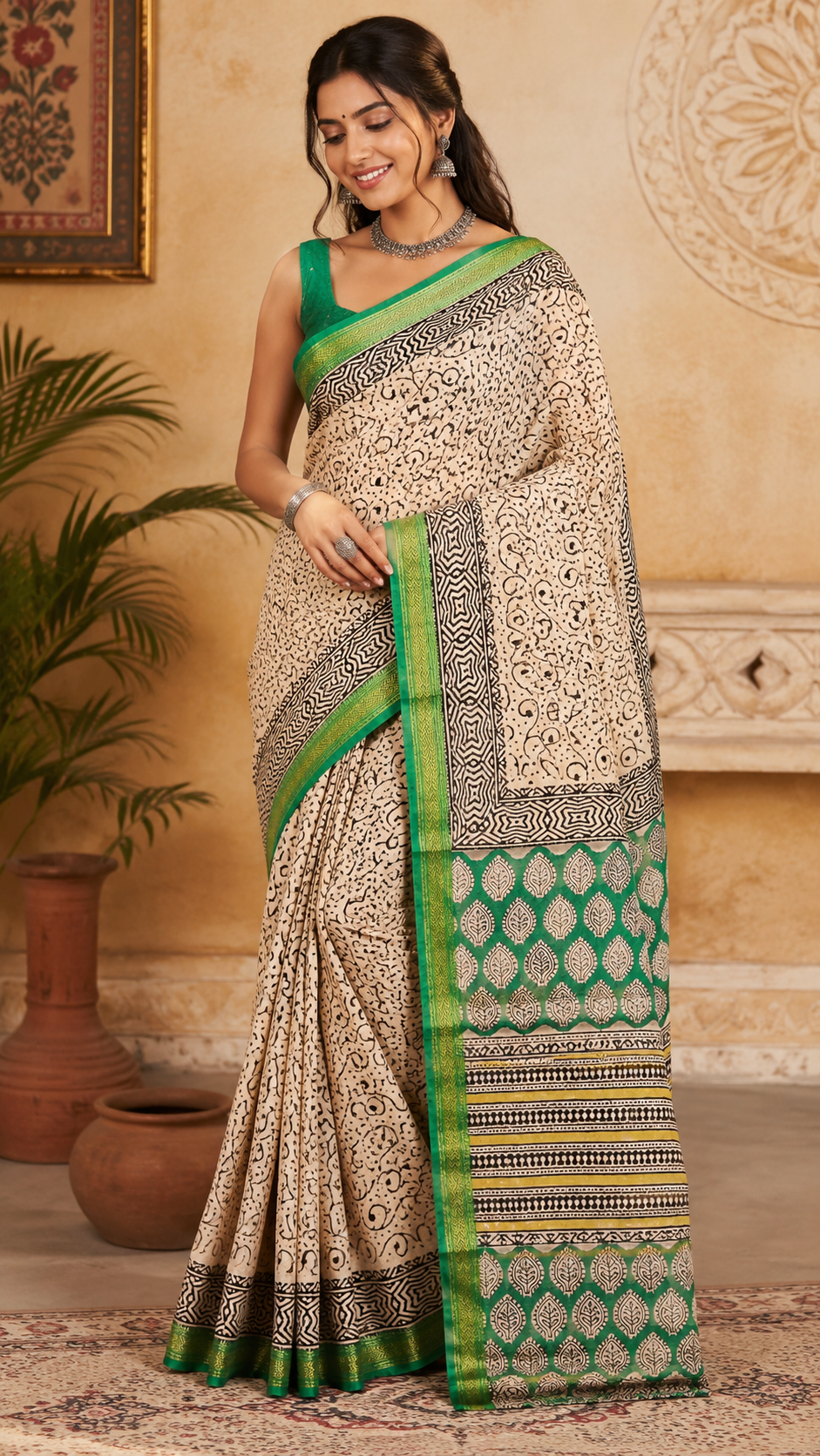 Emerald Green Printed Cotton Saree