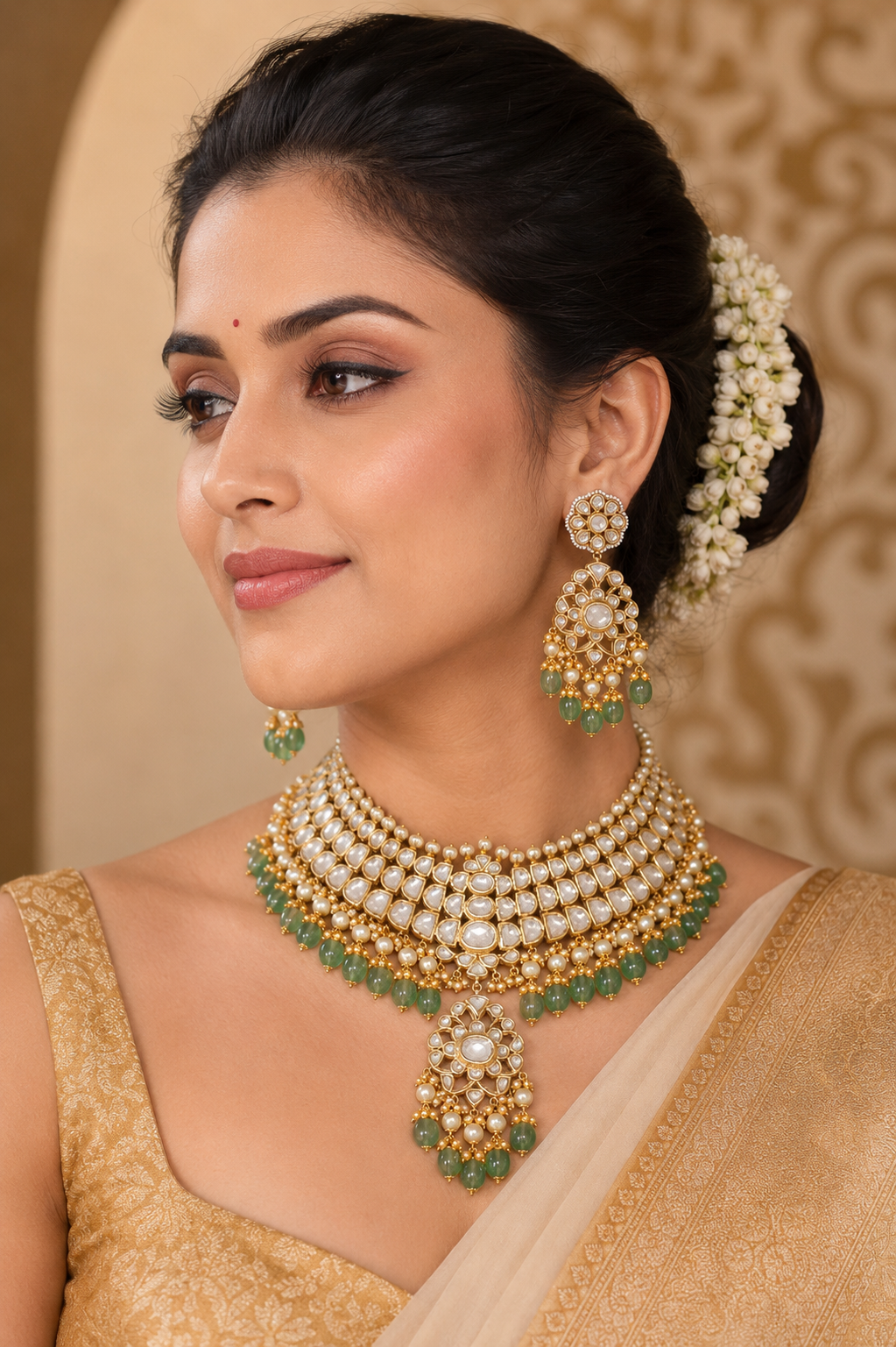 Emerald Pearl Kundan Bridal Necklace Set