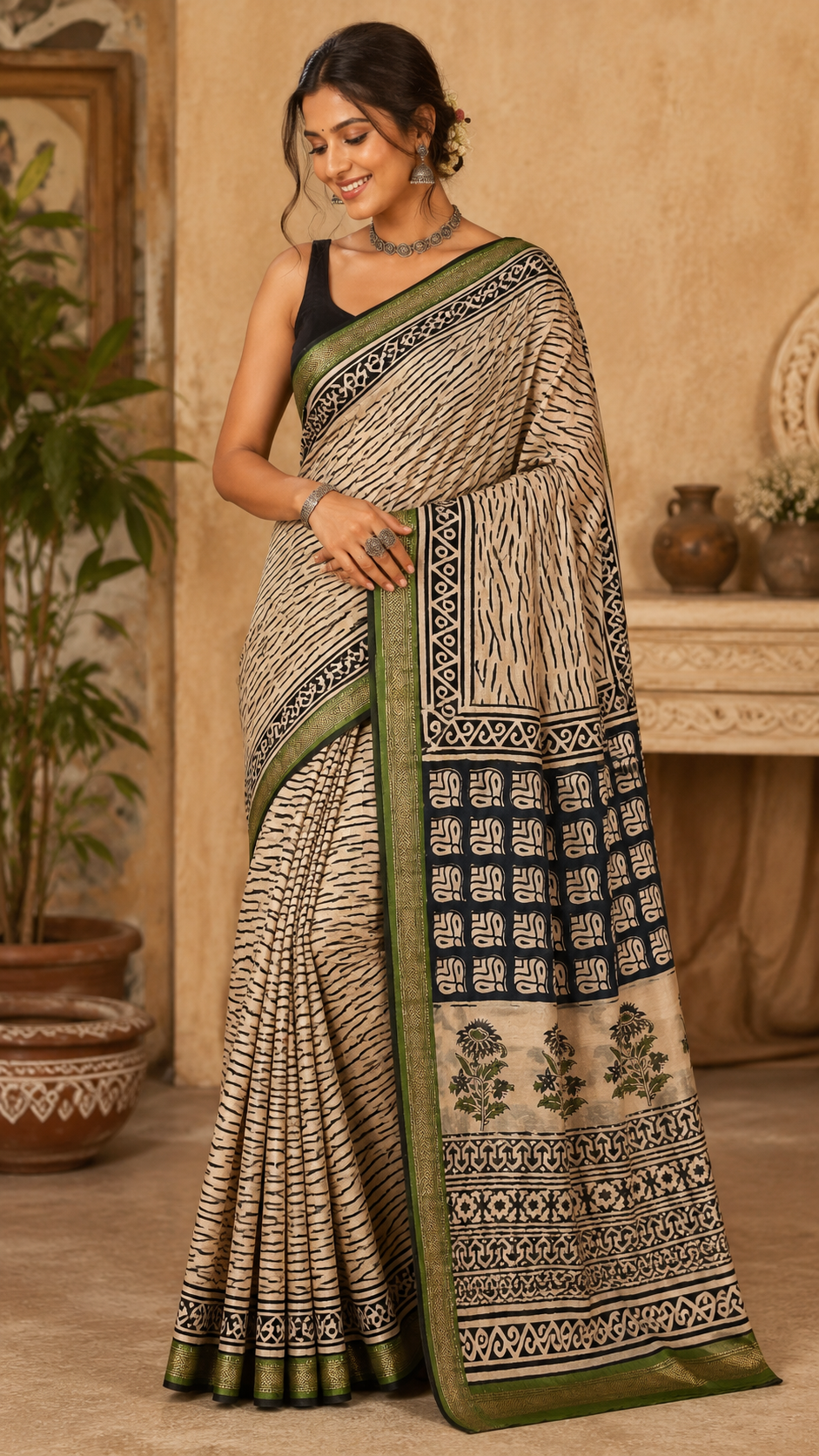 Indigo Traditional Printed Cotton Saree