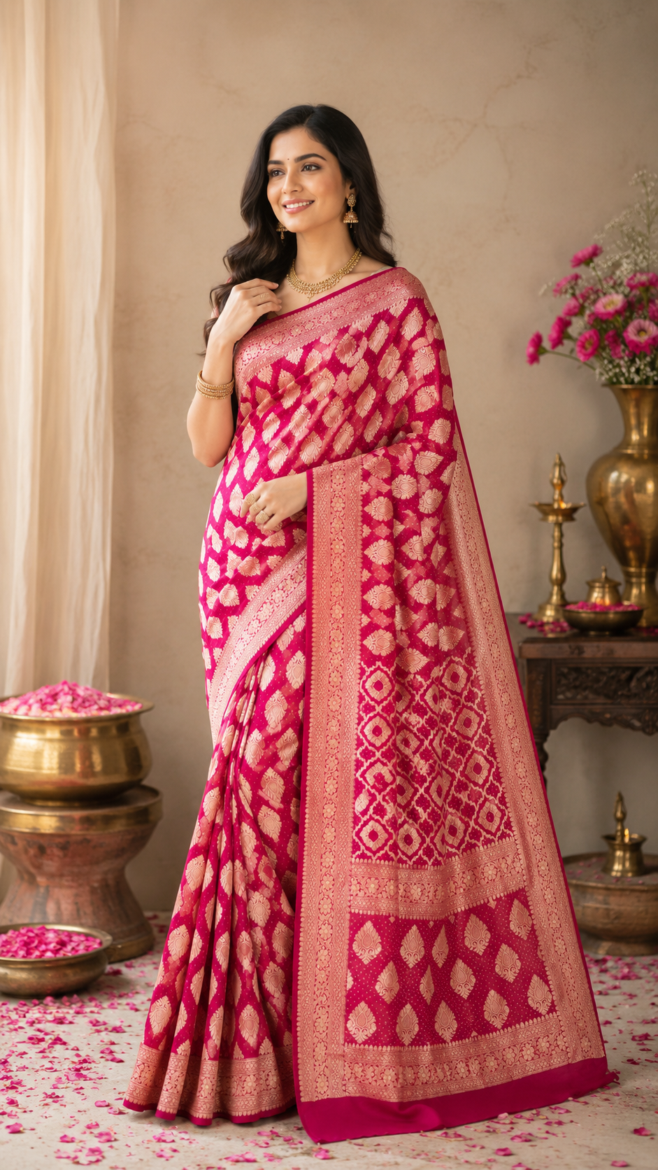 Pink Banarasi Silk Saree with Golden Zari Work