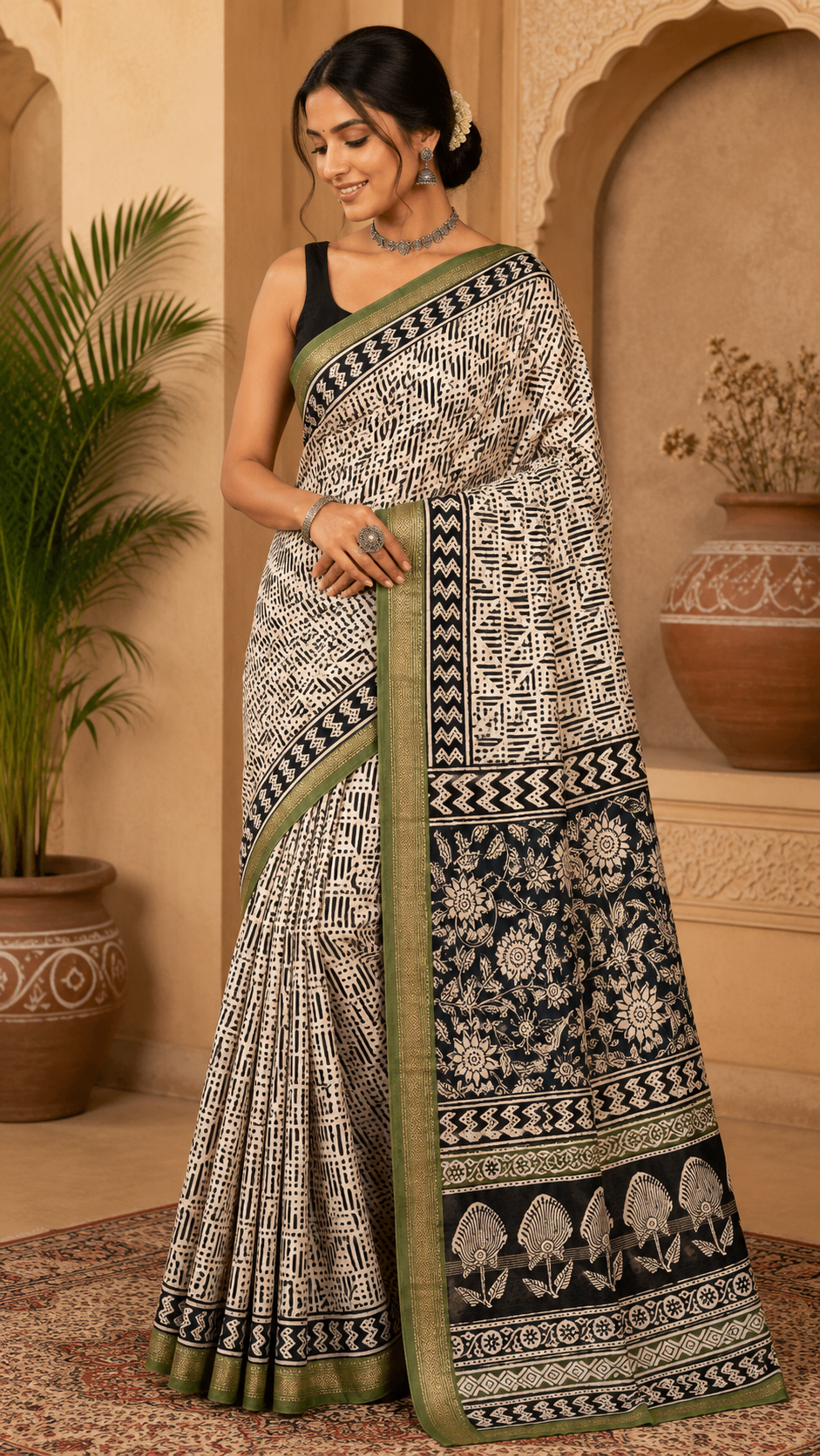 Royal Beige Ajrakh Saree